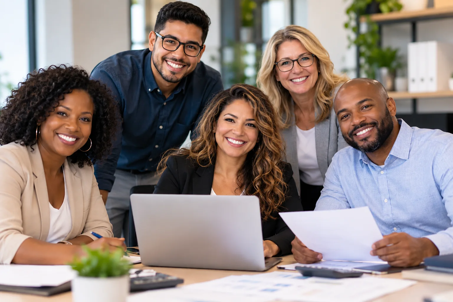 Diverse team of five professionals smiling together in an office